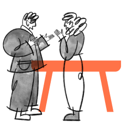 Illustration of two people talking over a table